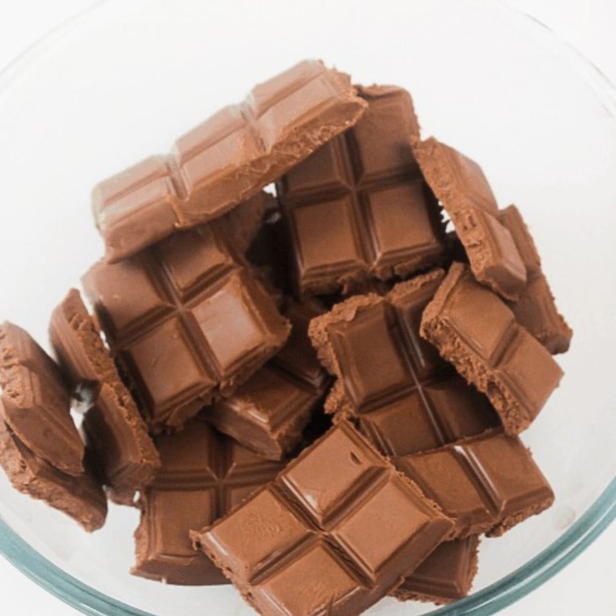 Milk chocolate in a glass bowl.