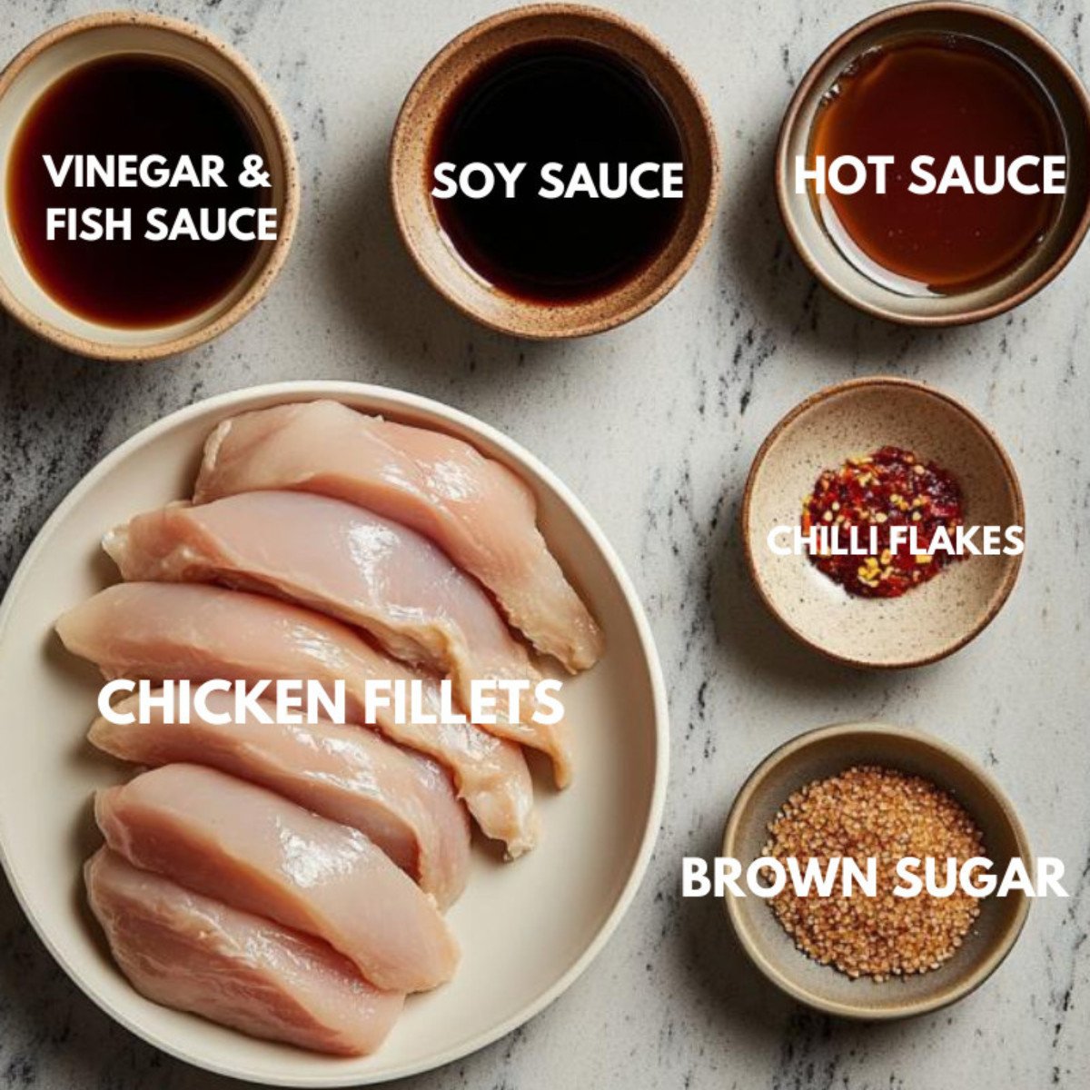 Vinegar, fish sauce, soy sauce, hot sauce, chicken, brown sugar and chilli flakes.