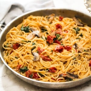 creamy mushroom, sun-dried tomatoes, spinach pasta in a pan side view