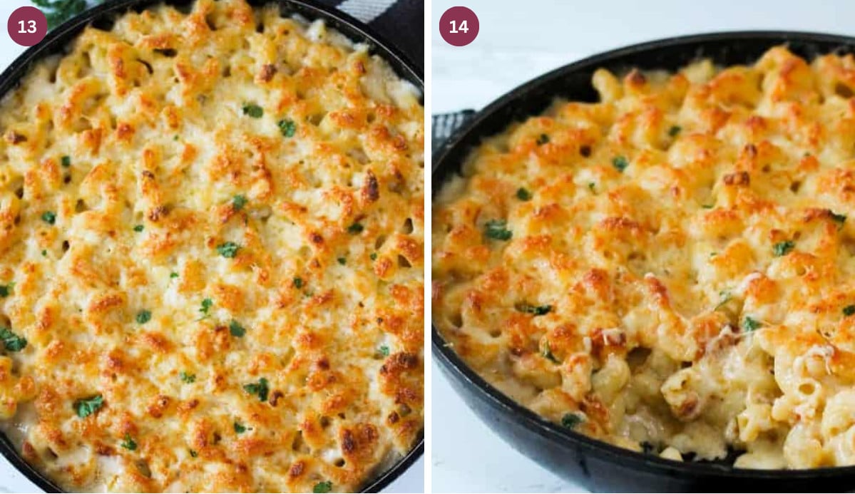 Cooked crab pasta in a black pan.