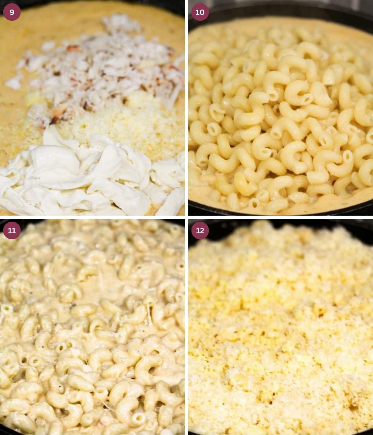 Creamy sauce, cheese, crab meat and macaroni mixed in a black pan.