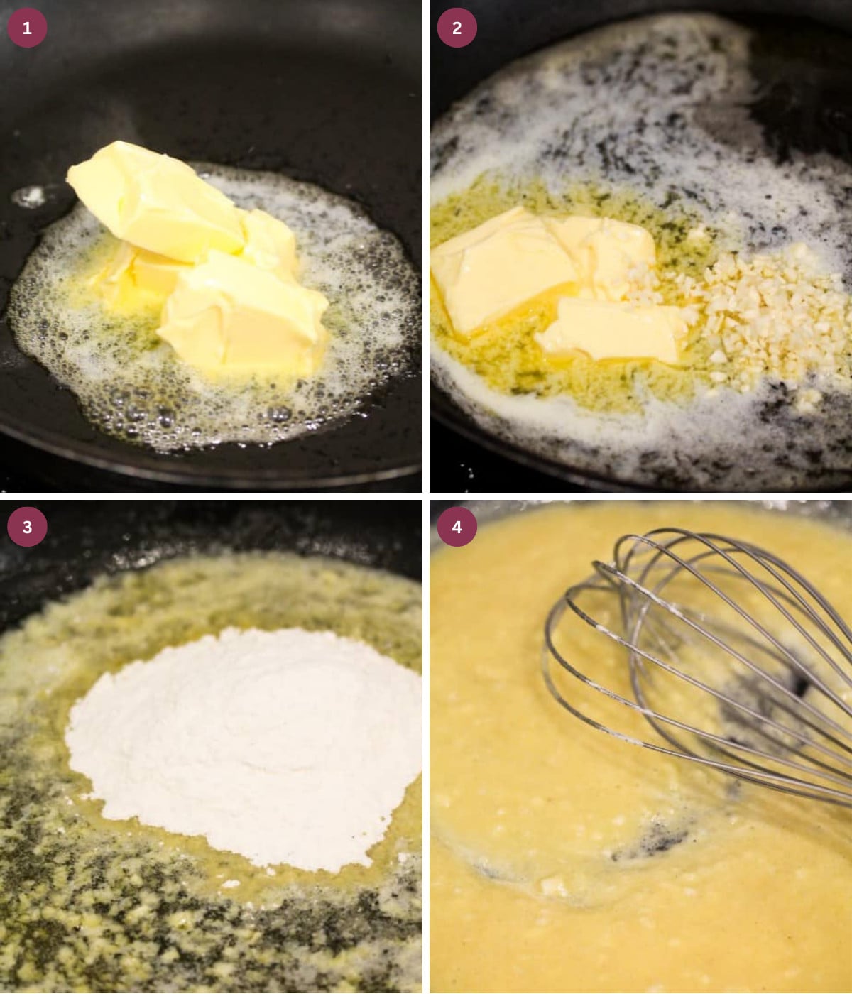 Melted butter in a pan mixed with flour.