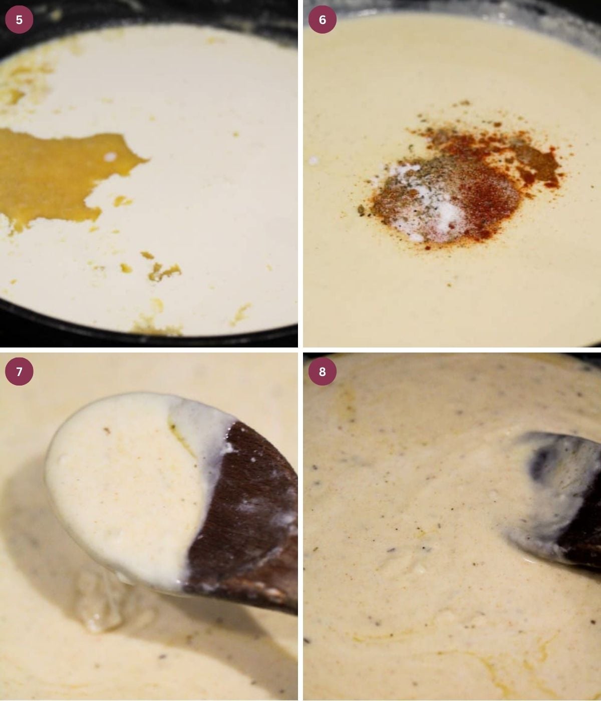 Seaoned roux in a black pan mixed with a wooden spoon.