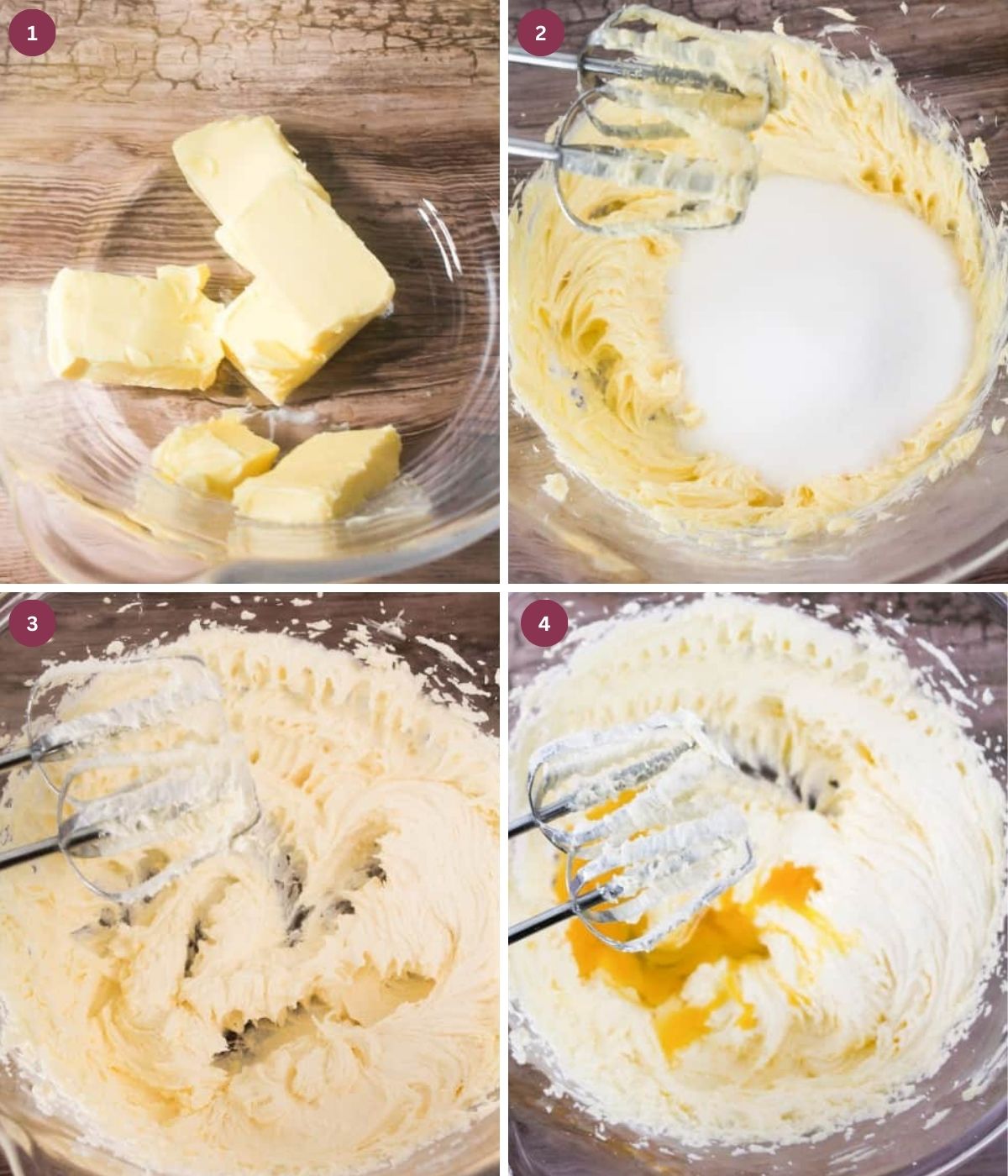 Butter, sugar and eggs mixed in a glass bowl.