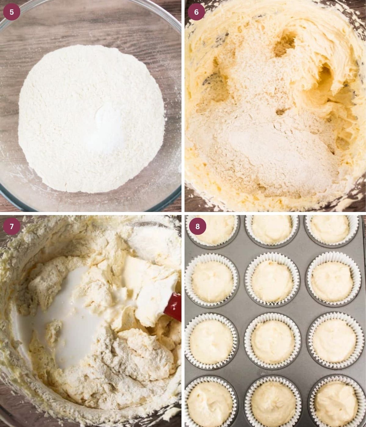Flour, cake batter and milk mixed in a bowl and in cupcake cases.