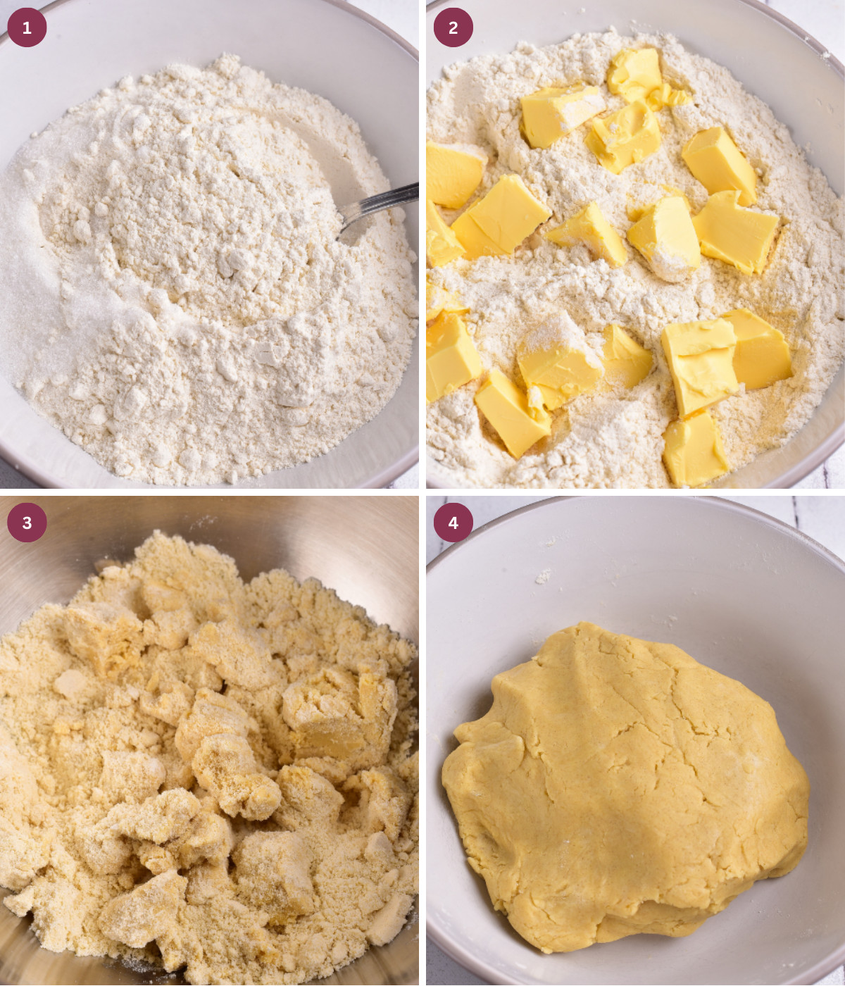 Flour, butter mixed in a bowl to make dough.
