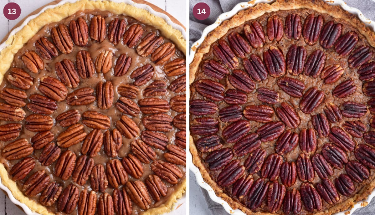 Pecan pie baked in a white circular dish.