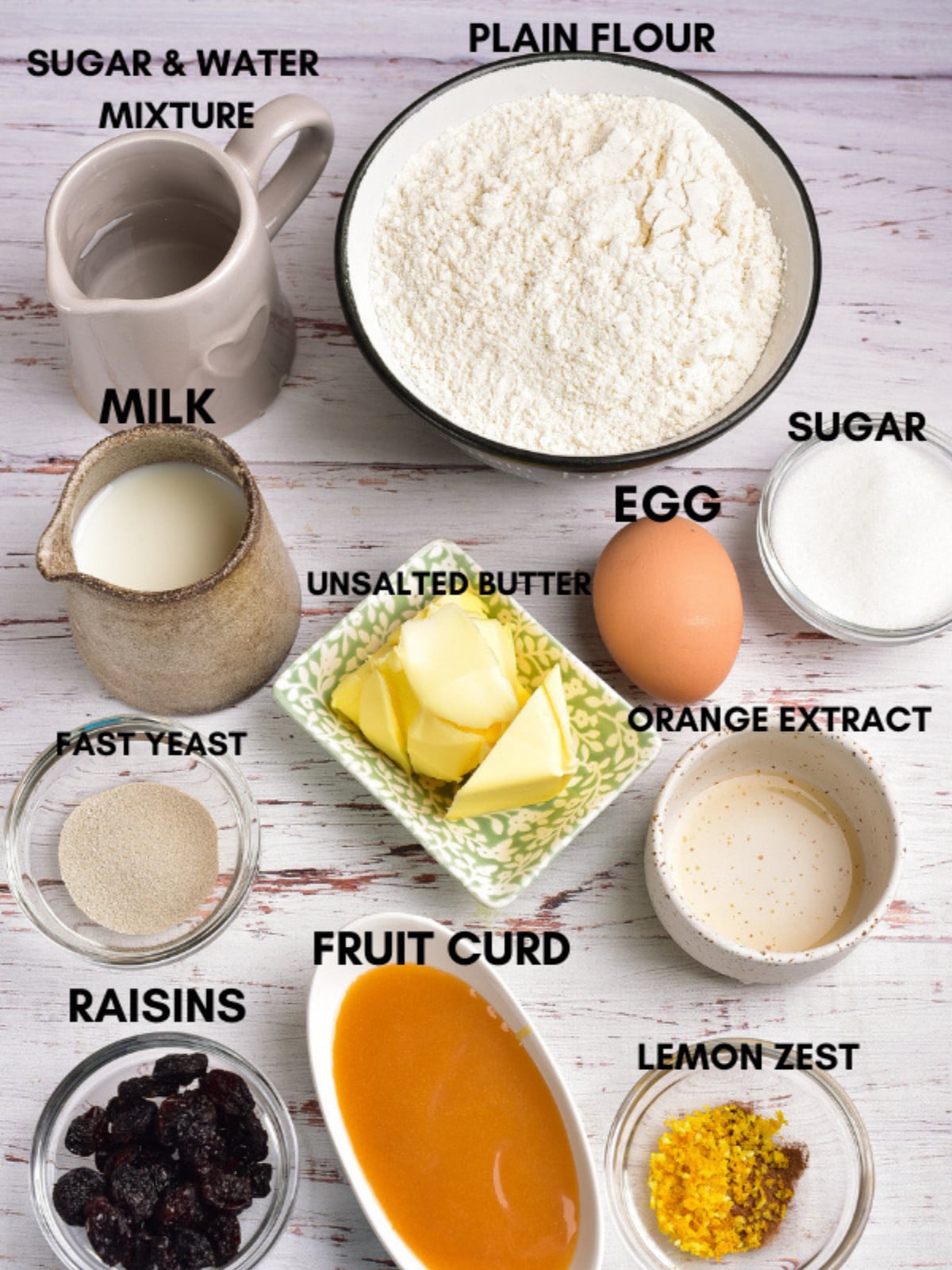 Sugar and water, flour, milk, raisins, curd, lemon zest, yeast, butter and egg.