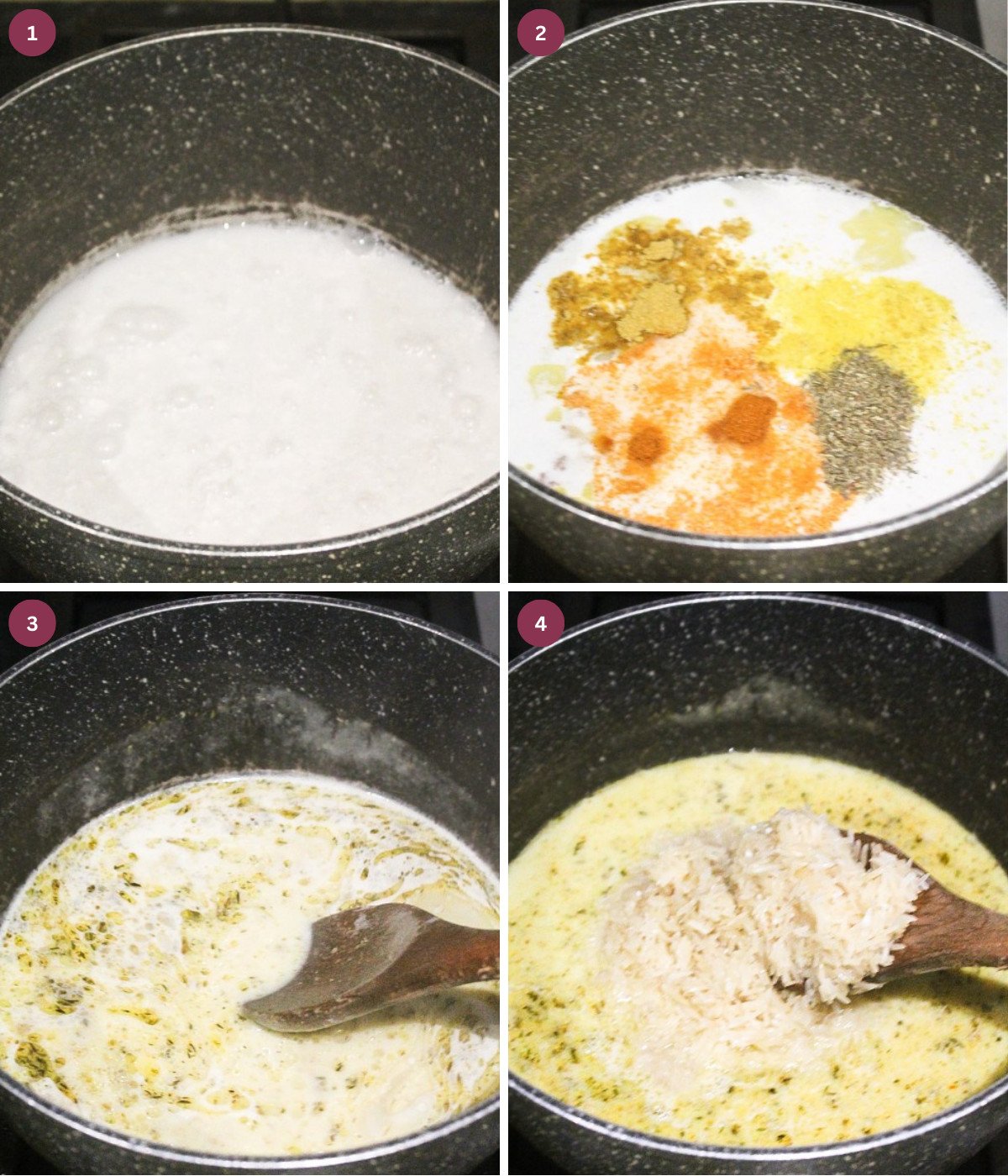 Coconut milk with seasoning and rice in a pot.