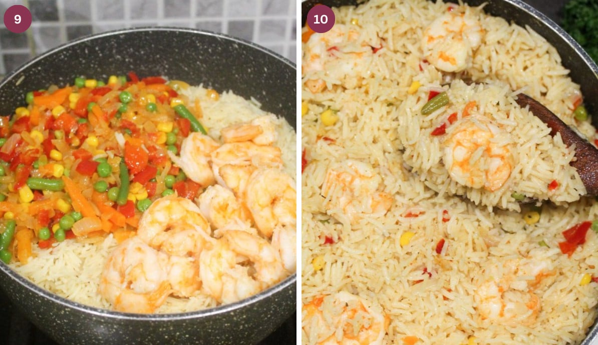 Fried shrimp, onions and vegetables, and coconut rice mixed in a pot.