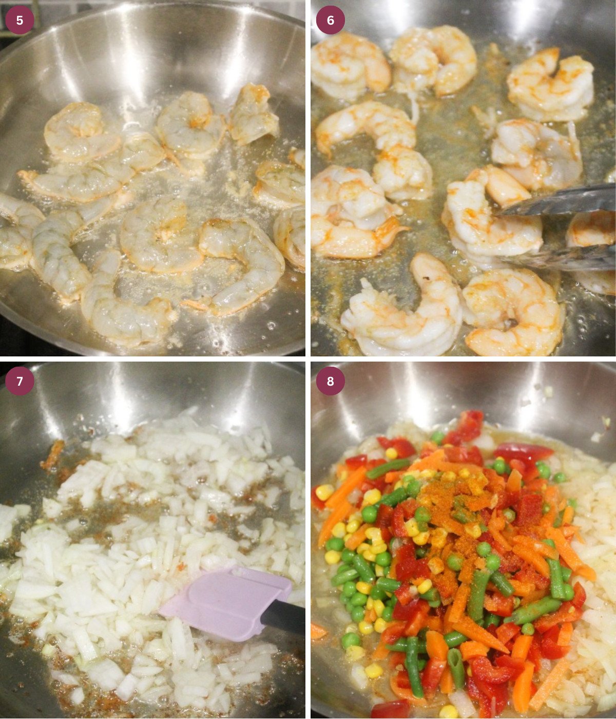 Fried shrimp, onions and vegetables, cooked in a silver pan.