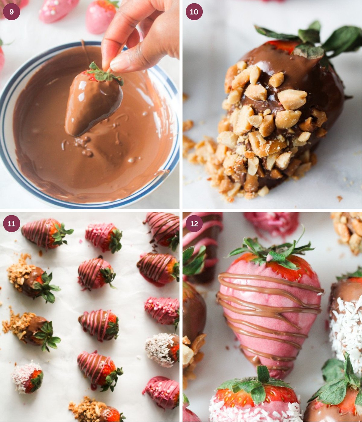 Strawberries dipped into melted chocolate with nuts. Chocolate covered strawberries on parchment paper.