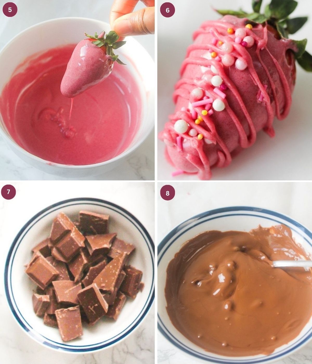 Strawberries dipped into pink chocolate and decorated with sprinkles. Milk chocolate melted in a bowl.