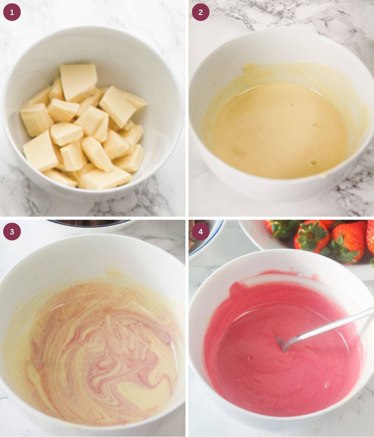 White chocolate melted in a white bowl with pink food coloring.