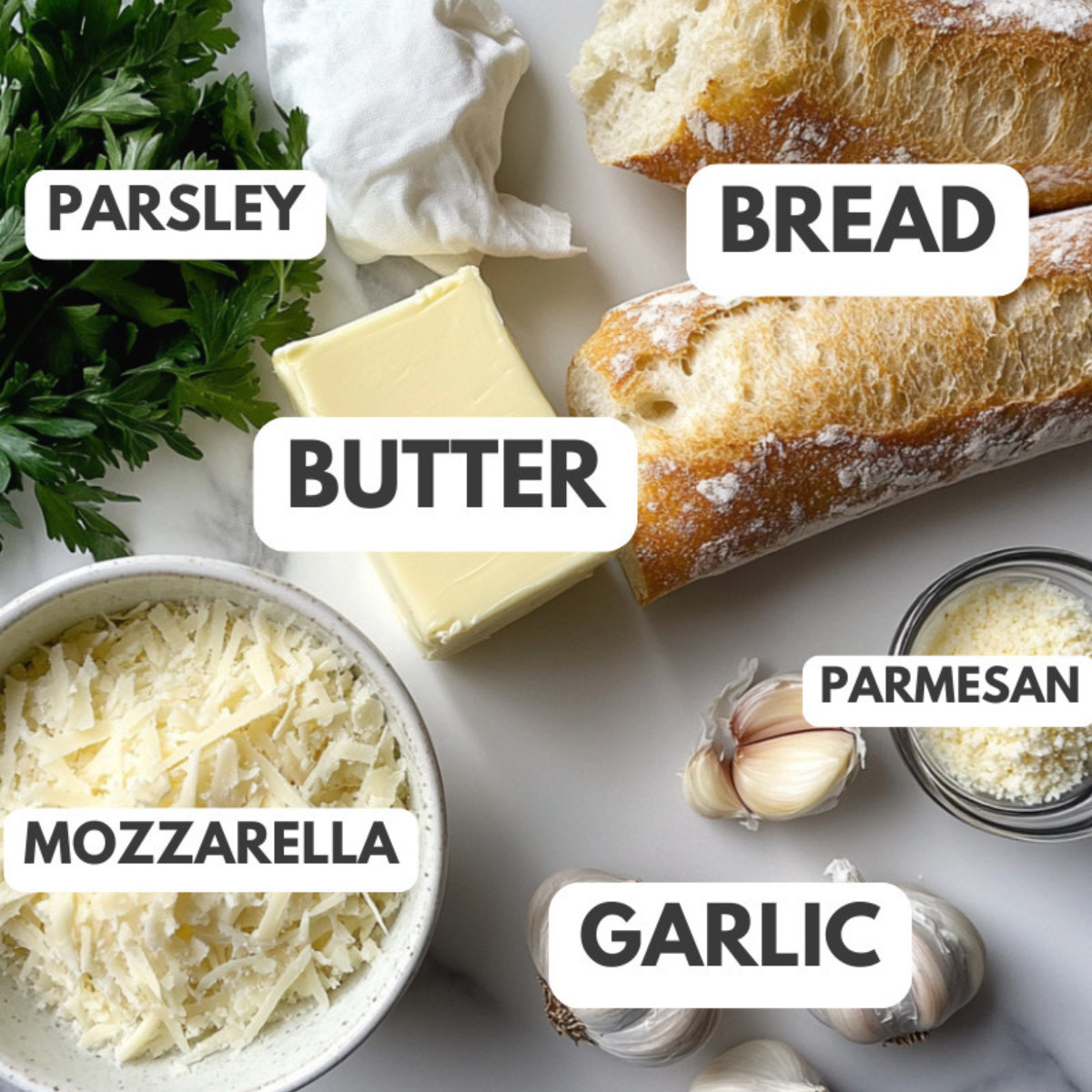 Parsley, bread, mozzarella, garlic, parmesan and butter.