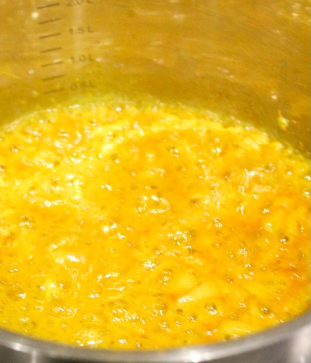 Mixed butter melted, garlic, turmerc and chopped onions in a silver pot. (1)