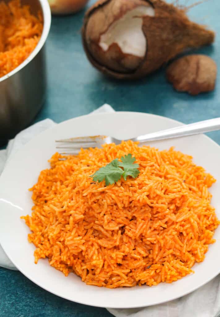 Coconut flavored jollof on a plate