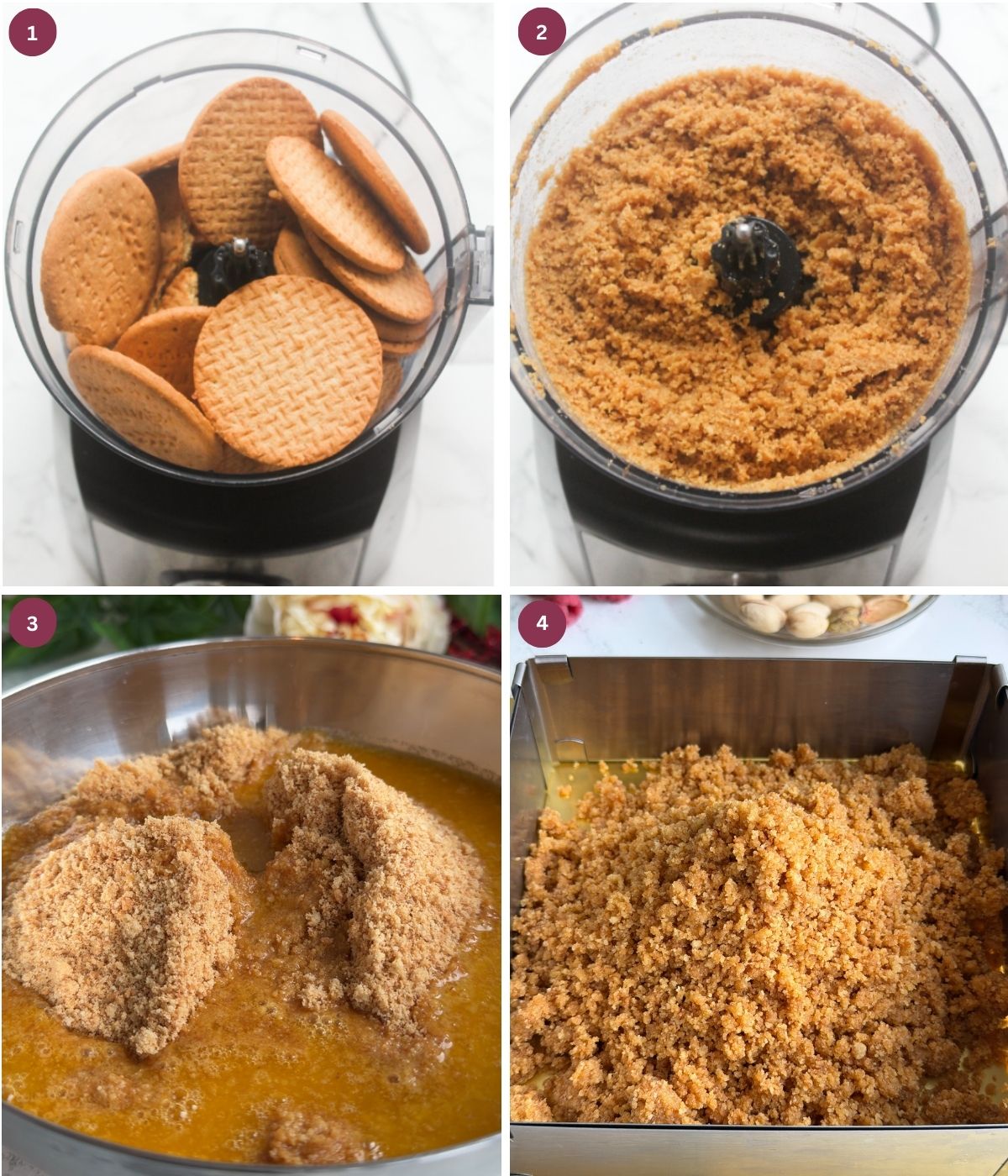 Blended digestive biscuits and melted butter mixed together.