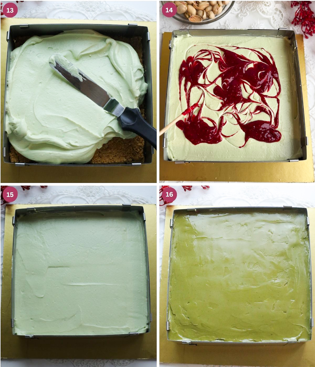 Pistachio filling and raspberry sauce in a square tin.