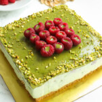 Raspberries and pistachio cheesecake.