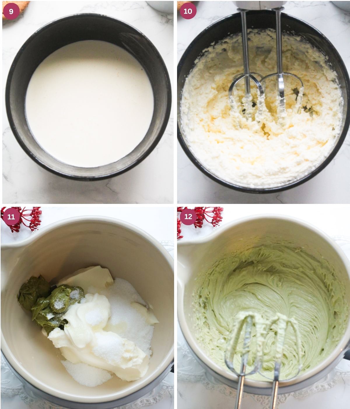 Whipped cream and pistachio cheesecake filling in a bowl.