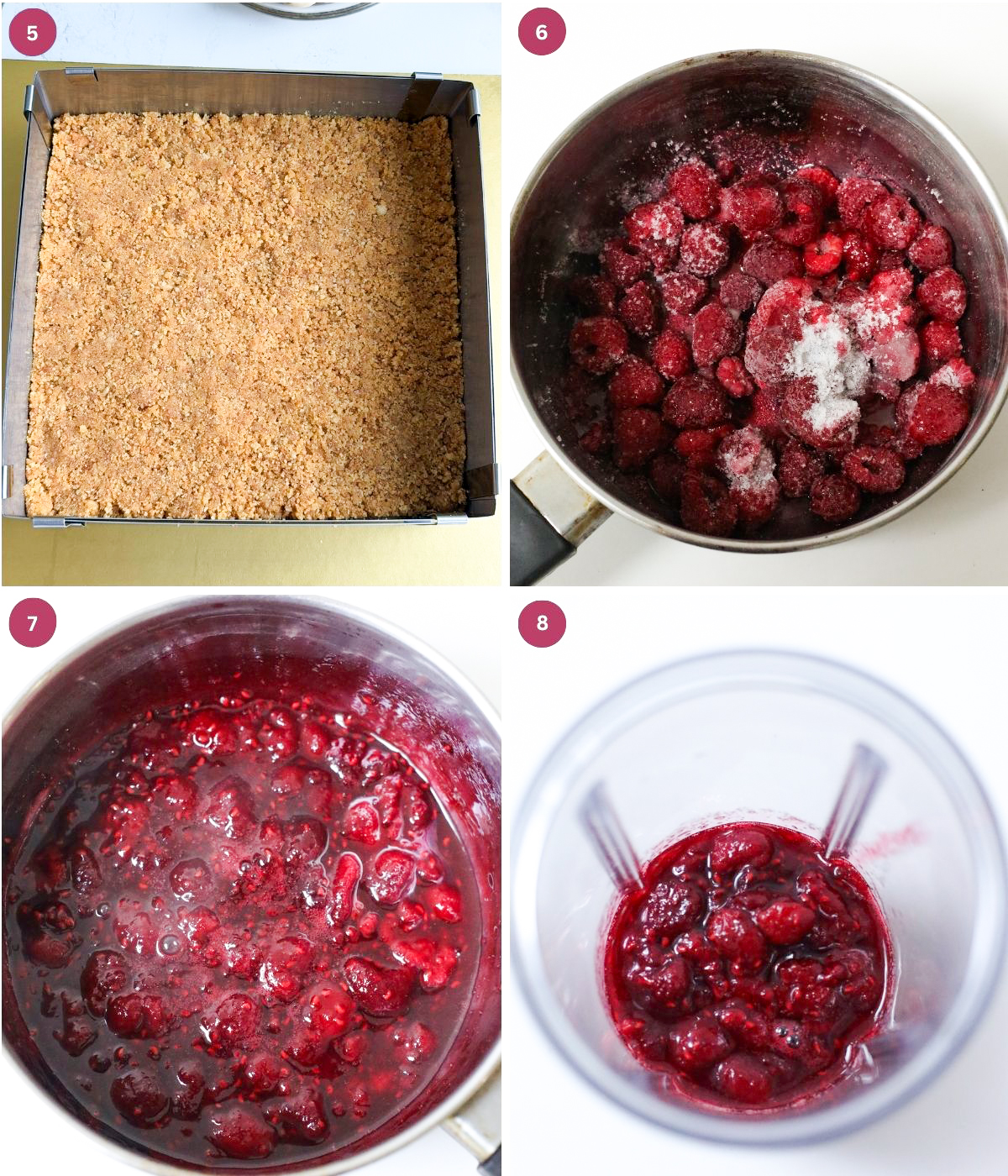 biscuit base and raspberry sauce in a pot.