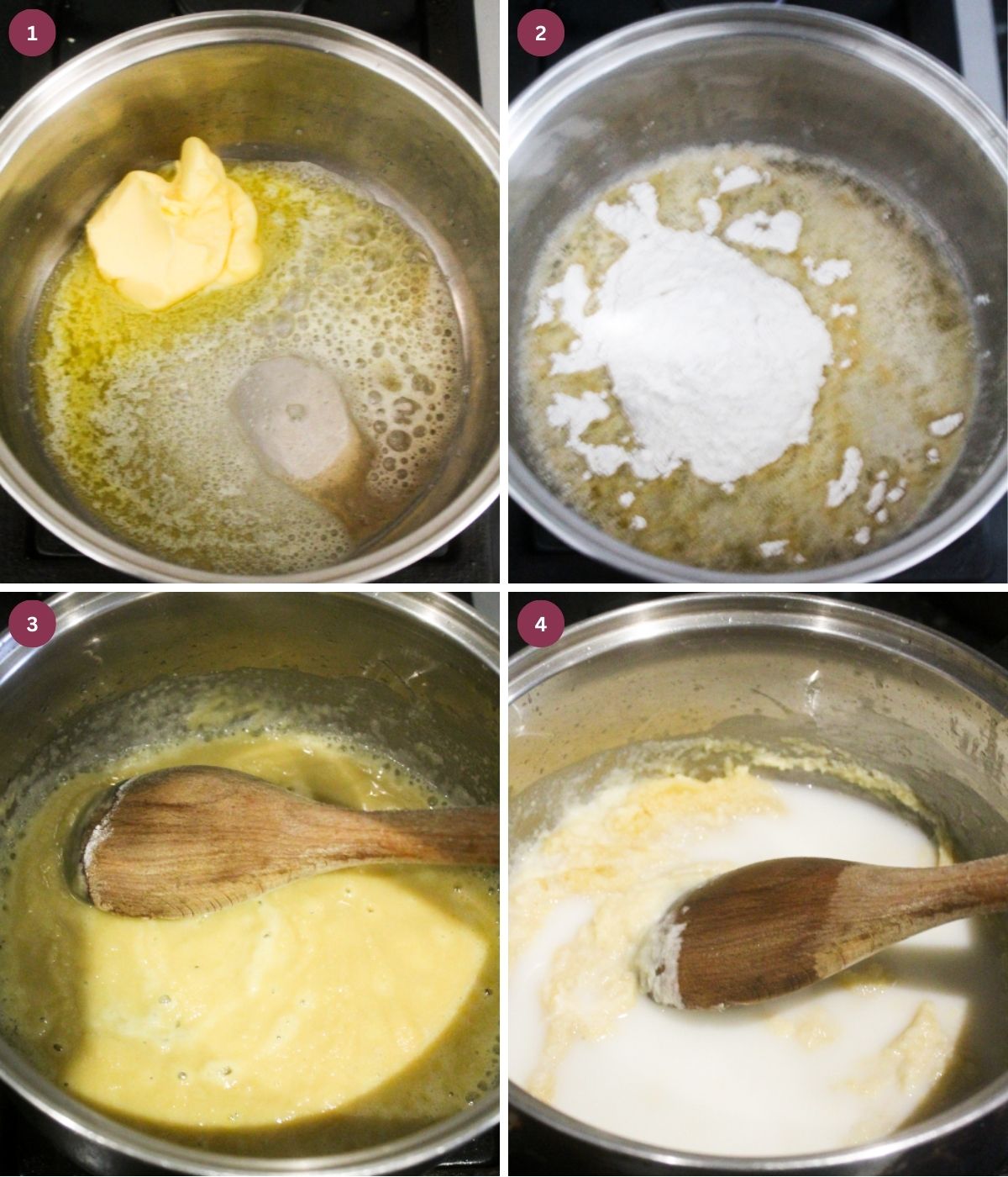 Butter, flour and milk mixed in a silver pot with a wooden spoon.