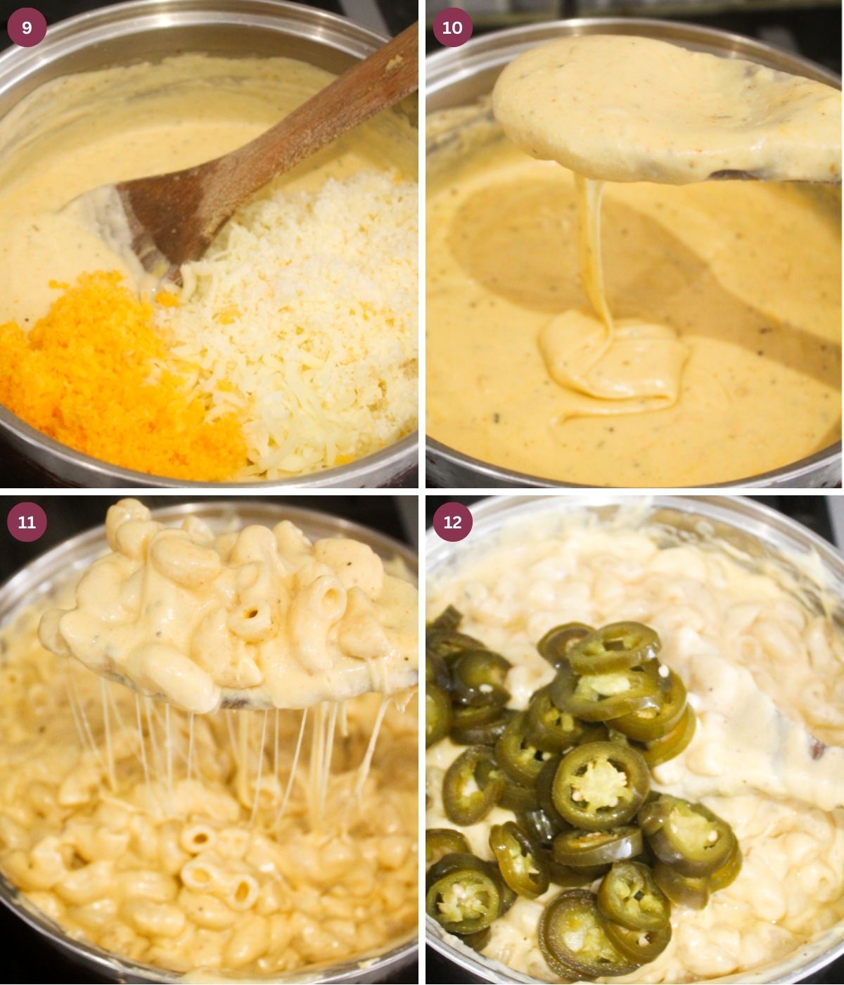 Cheesey sauce, spiral macaroni and jalapenos mixed in a pot.