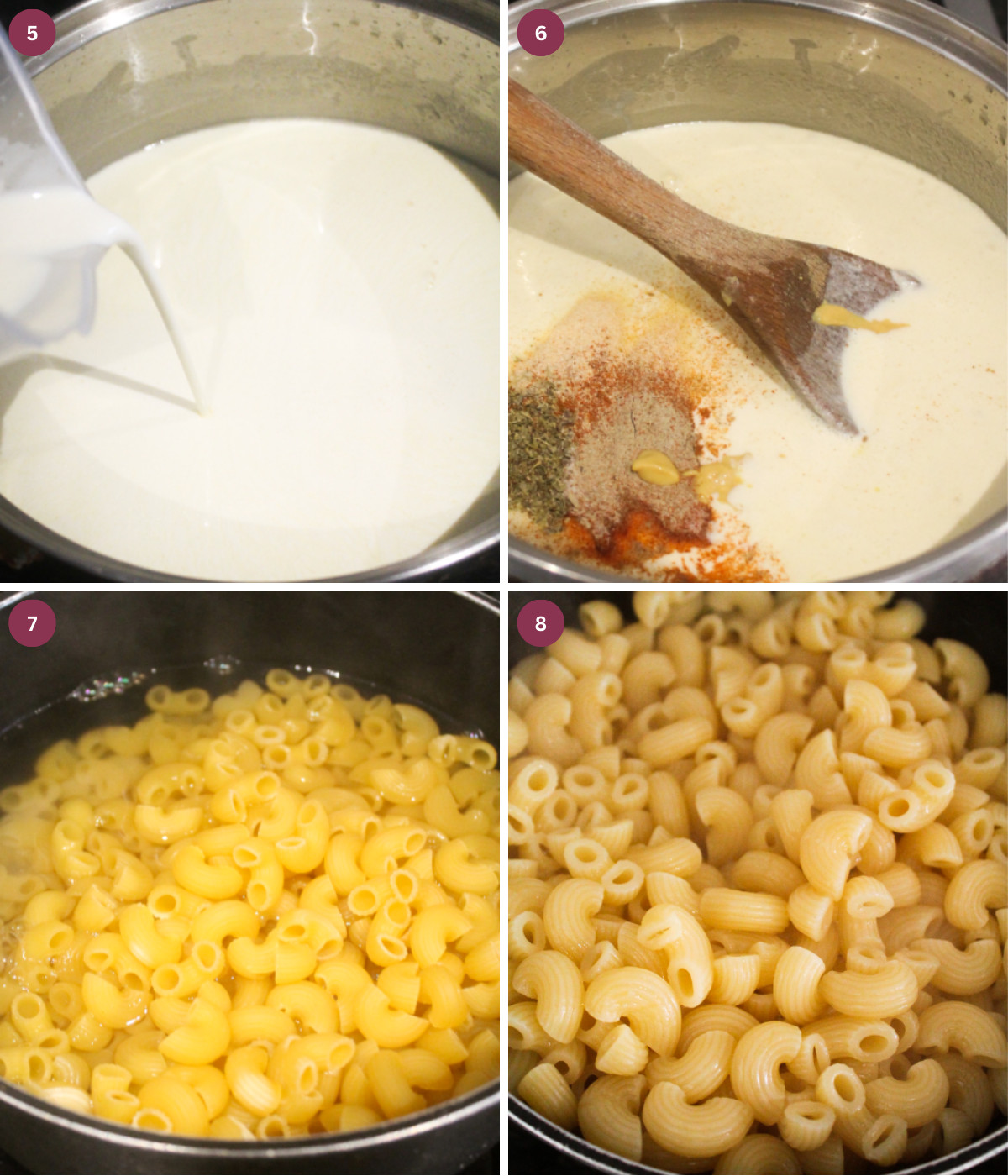 Milk and seasoning poured into roux. Spiral macaroni in cooked in a second pot.
