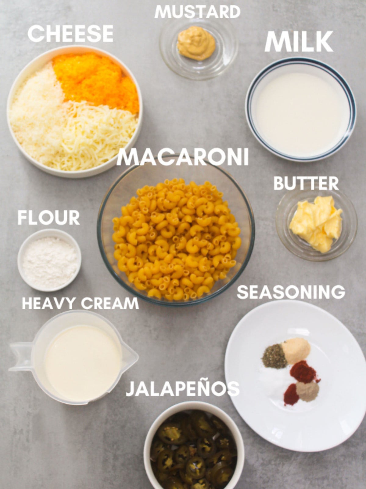 Spicy mac ingredients cheese, milk, flour, macaroni, mustard, butter, seasoning, jalapenos.
