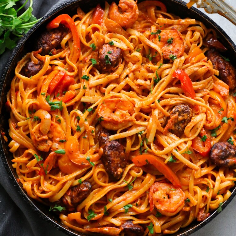 creamy shrimp sausage fettuccine.