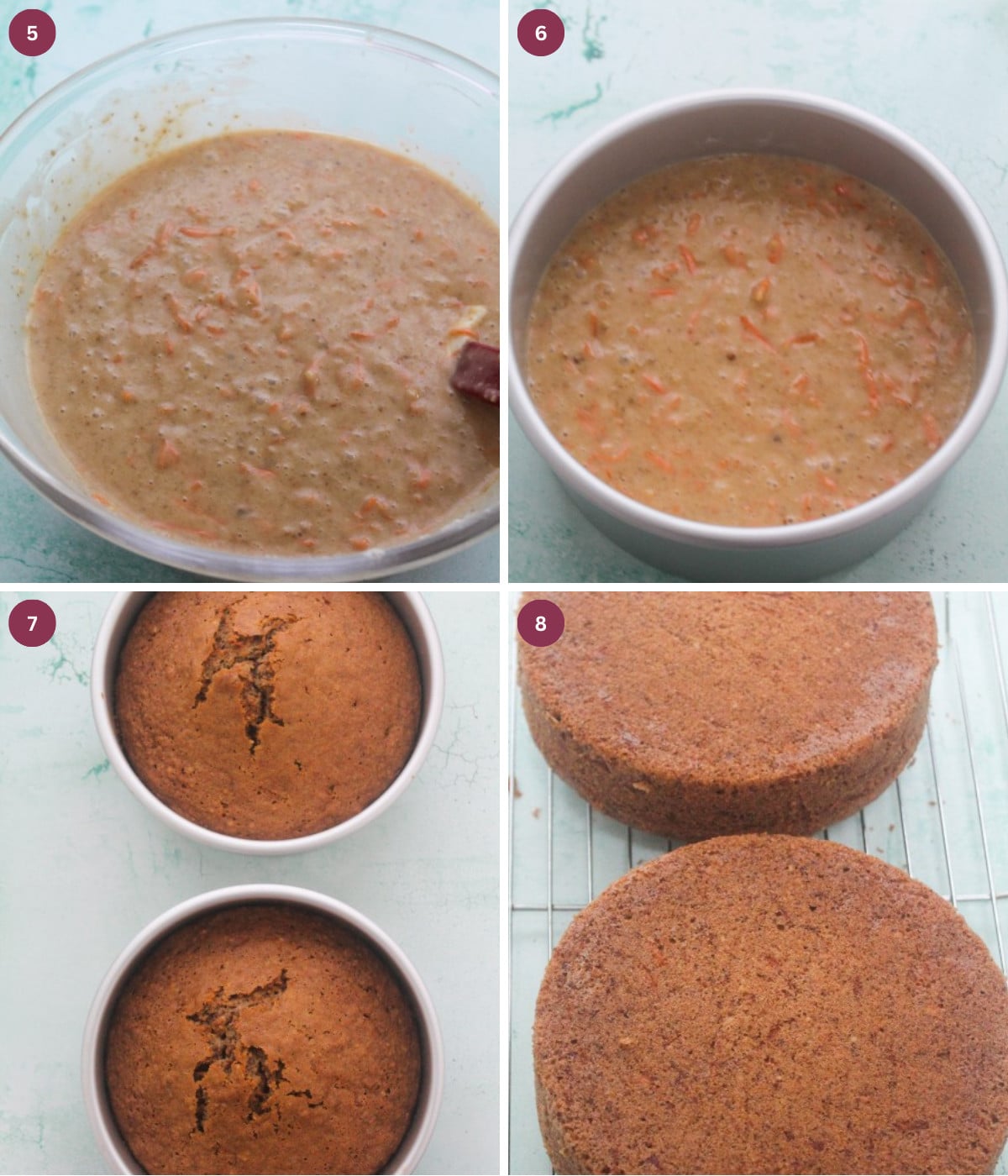 Carrot cake batter in a bowl and baking tin. Carrot cake layers in baking tins and on a cooling rack.