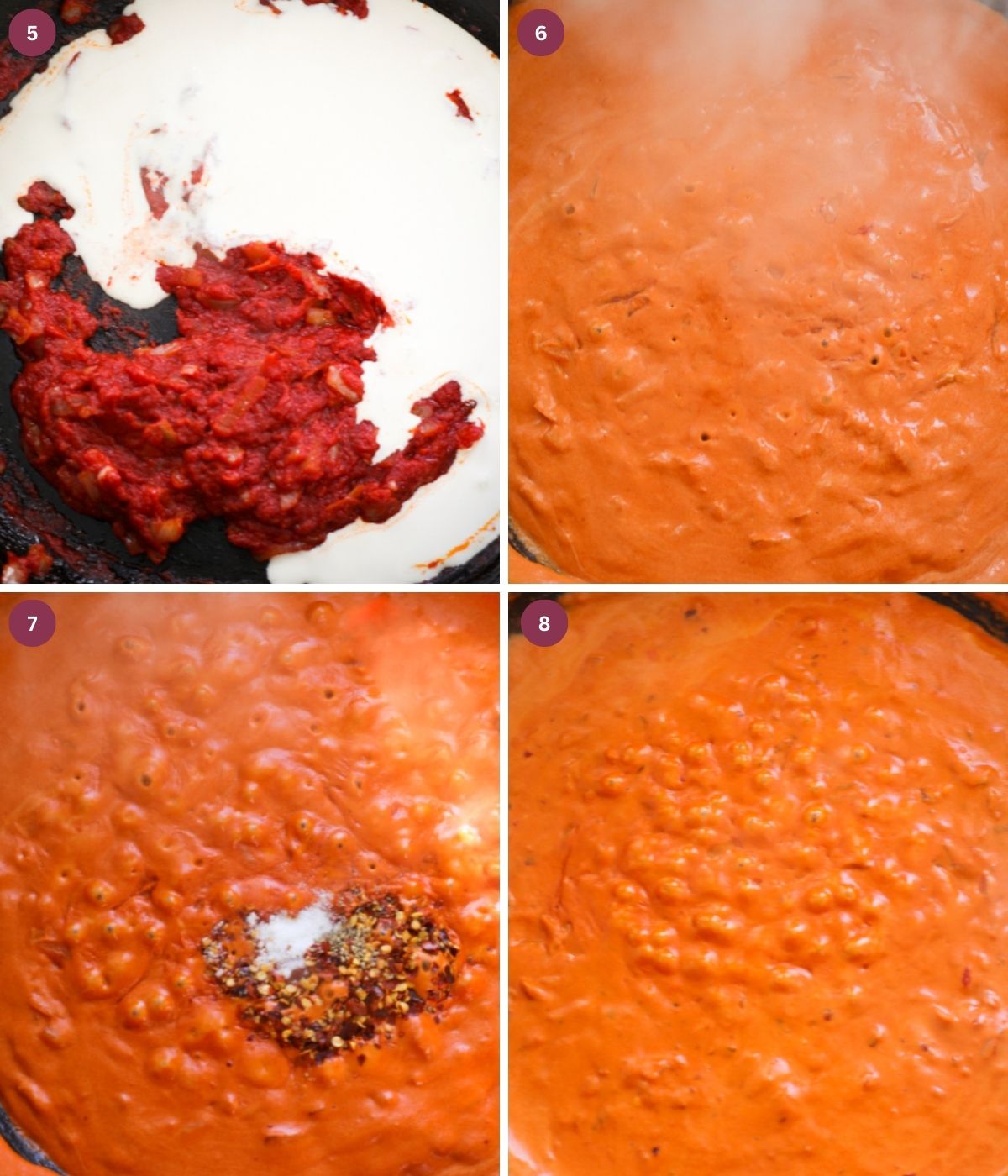 Creamy tomato sauce and seasoning cooking in a black pan.