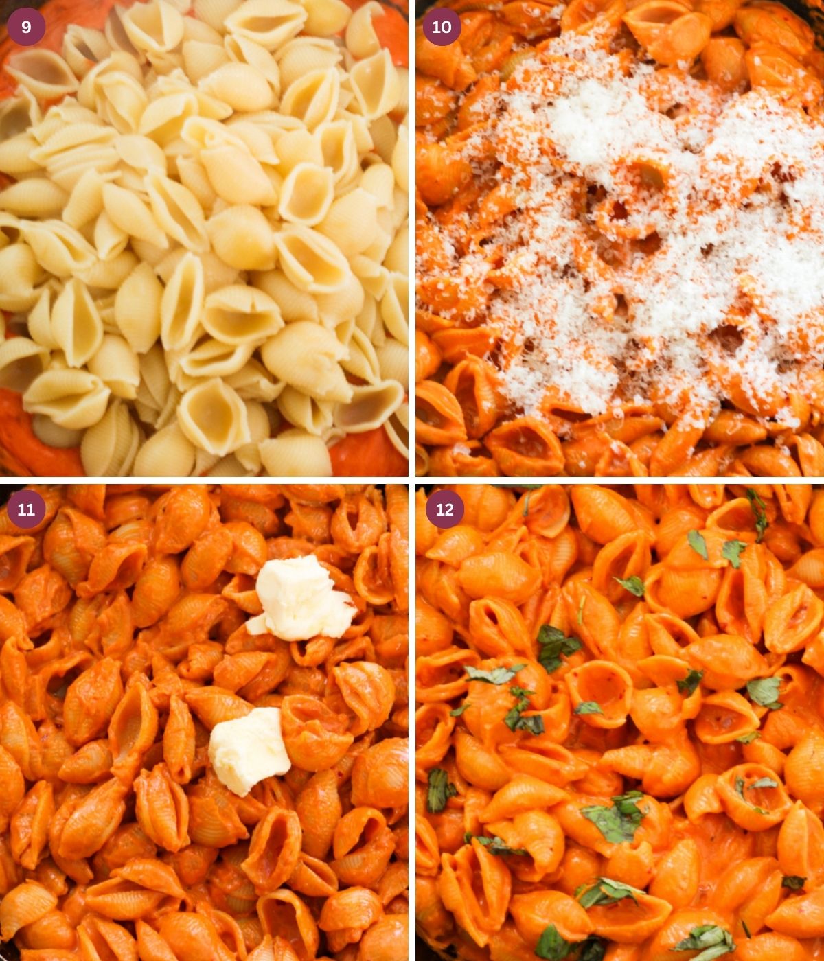 Creamy tomato sauce, seashell pasta, grated parmesan, basil and butter in a pan.