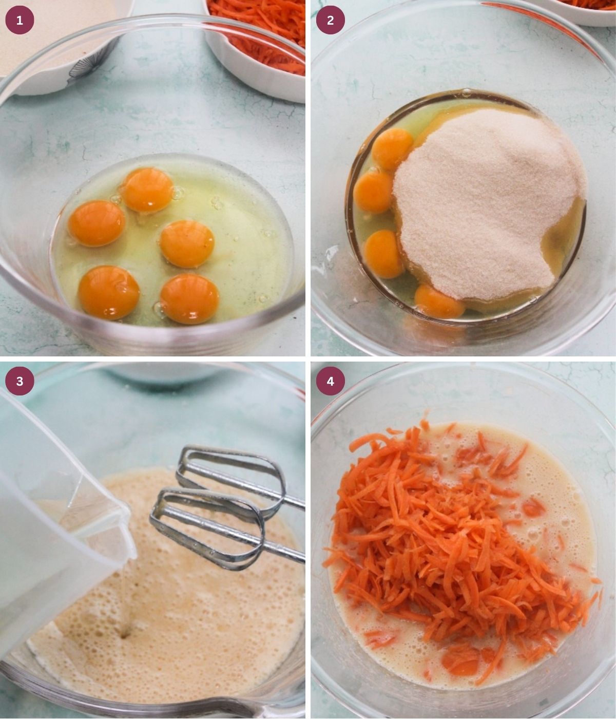 Eggs, brown sugar, oil and grated carrots mixed in a bowl.