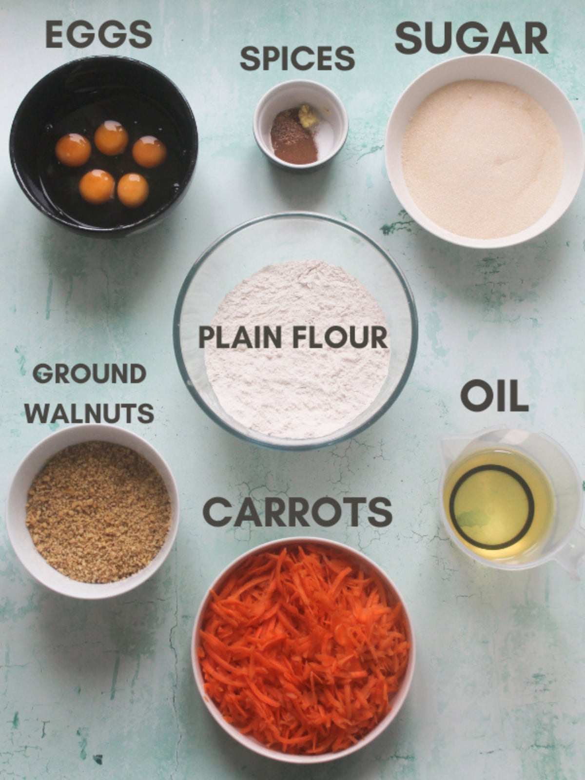 Eggs, sugar, carrots, flour, walnuts, spices and oil.