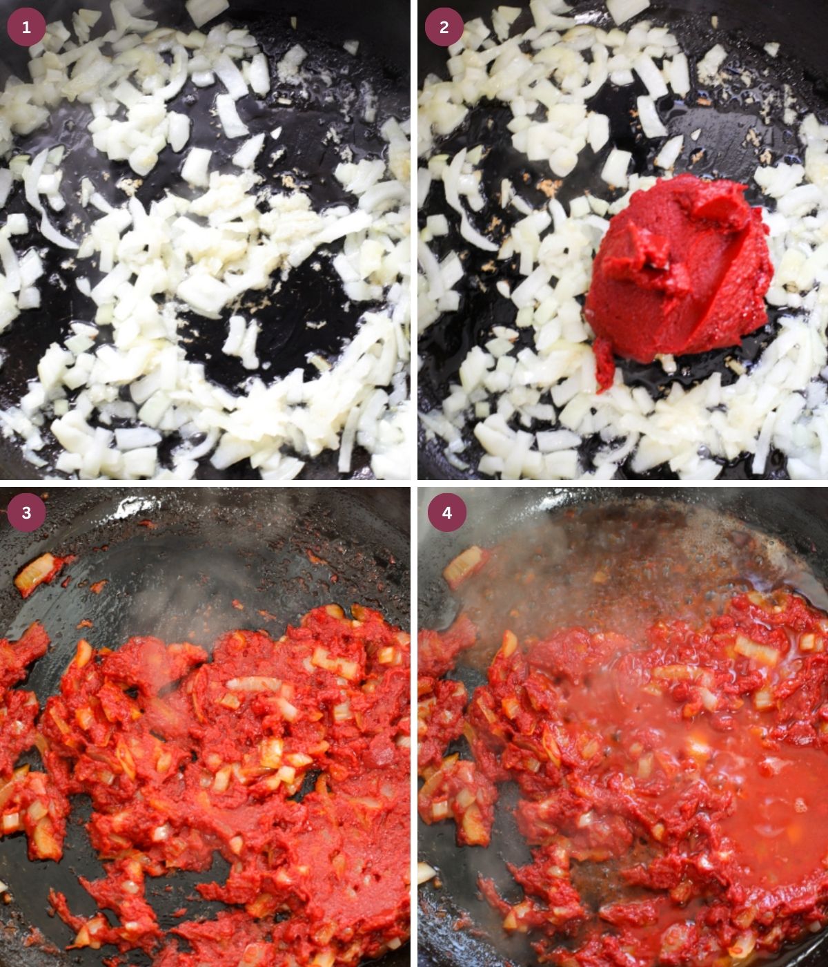 Oil, diced onions, tomato puree and vodka in a black pan.