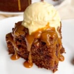 sticky dates cake with a scoop of ice cream.