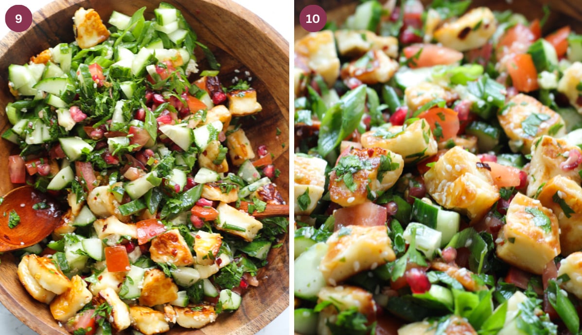 Halloumi, scallions, parmesan and pomegranates tossed in a wooden bowl.