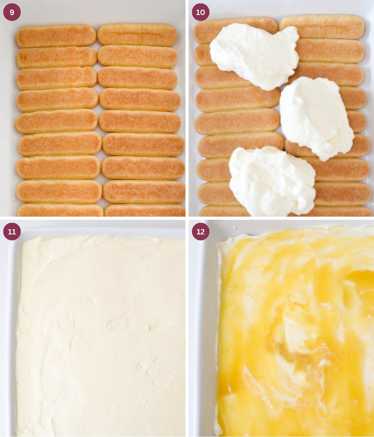 Lady fingers, lemon filling and lemon curd in a rectangular dish.
