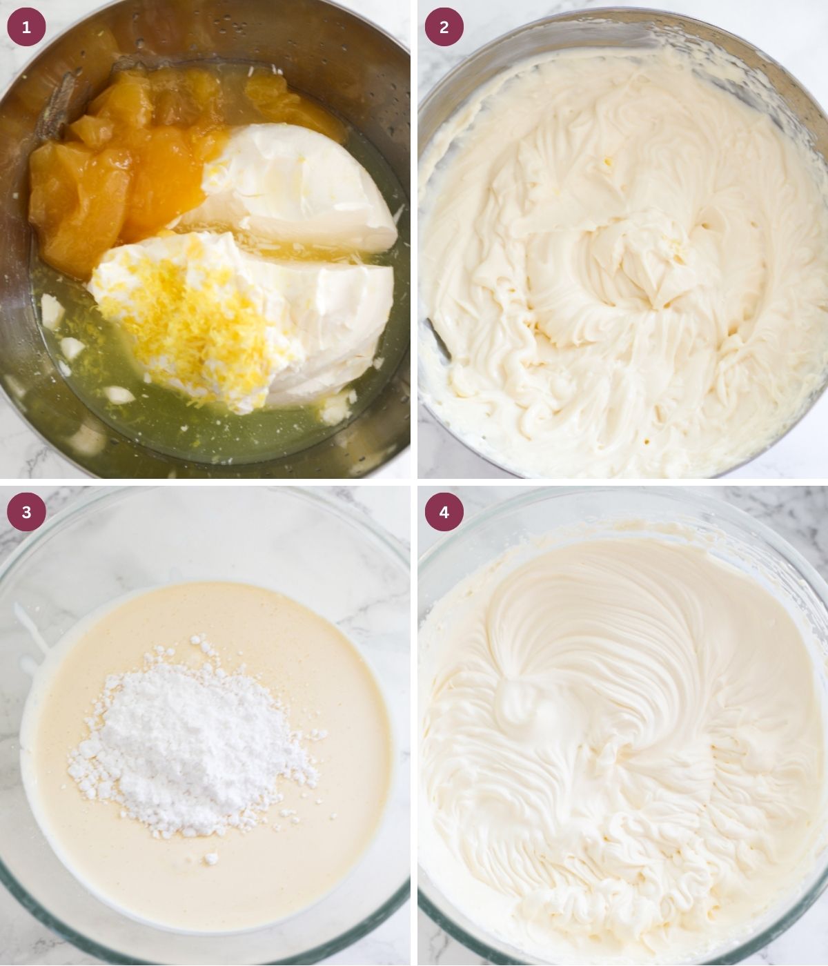 Lemon curd, zest, chream cheese and lemon juice mixed in a bowl. Sugar and cream mixed in a bowl.