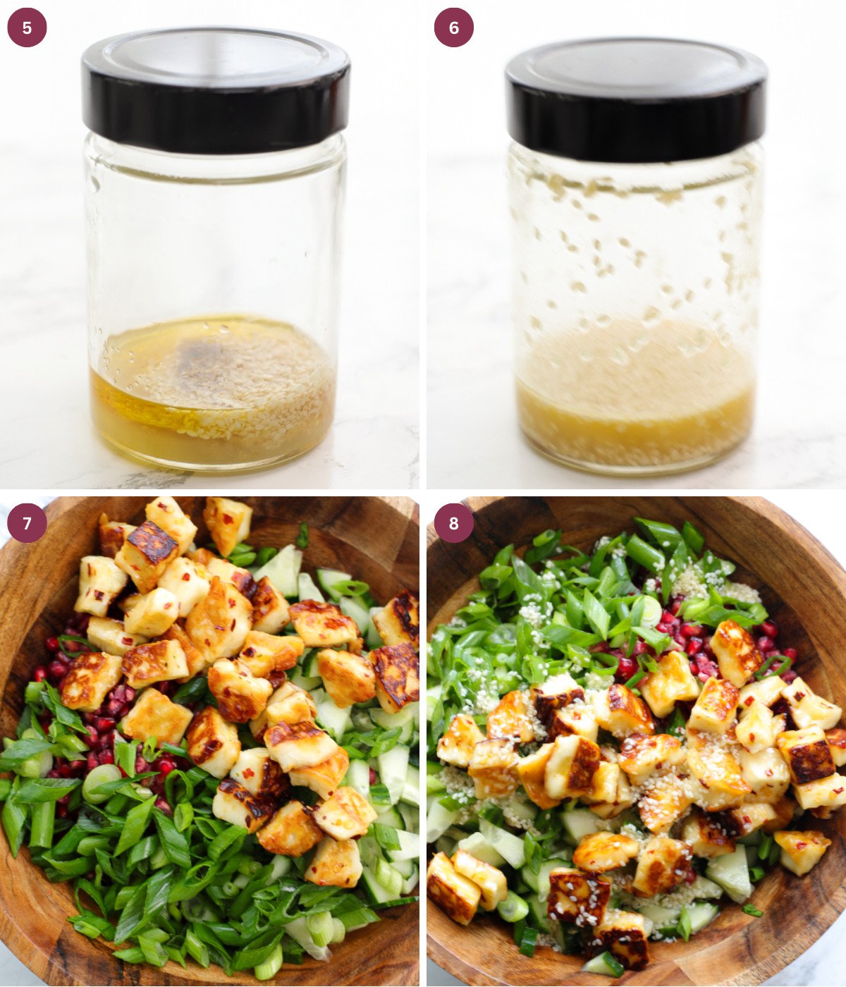 Lemon dressing mixed in a jar. Halloumi, scallions, parmesan and pomegranated in a wooden bowl.
