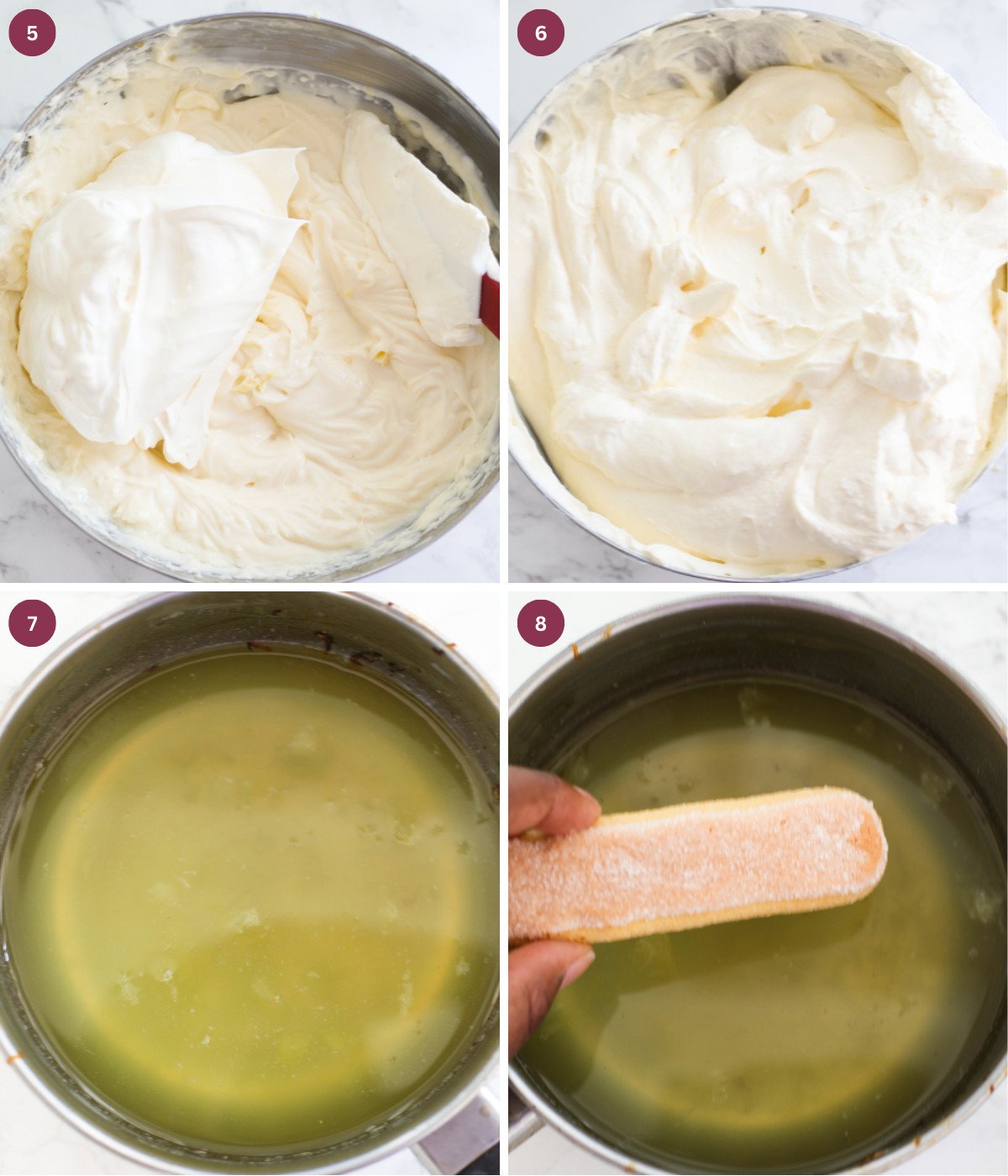 Lemon tiramisu filling mixed in a bowl. Lady fingers dipped in lemon syrup.