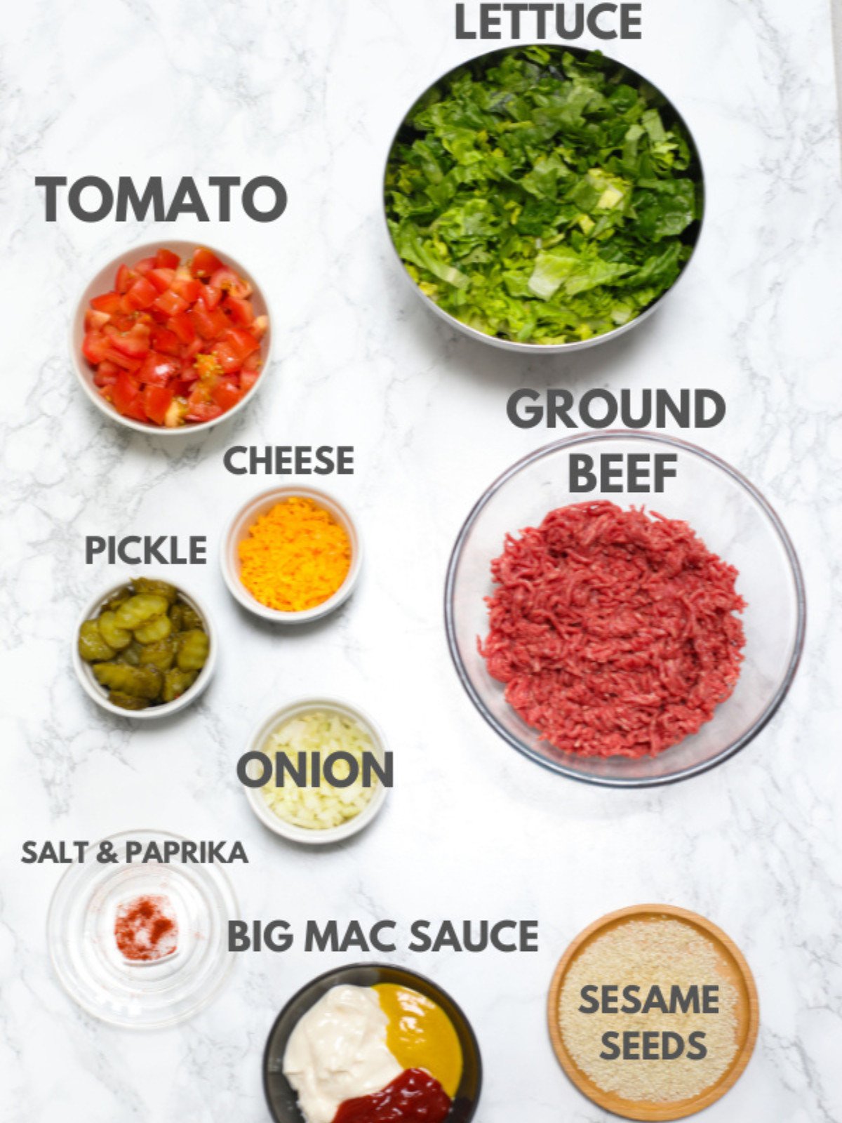 Tomato, lettuce, cheese, pickle, ground beef, onion, salt, big mac sauce and sesame seeds.