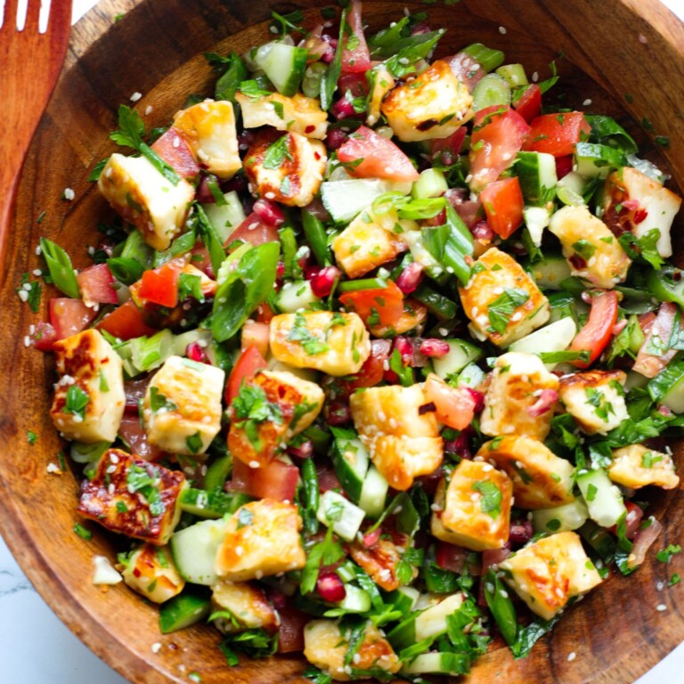 halloumi and fresh veggies in a bowl.