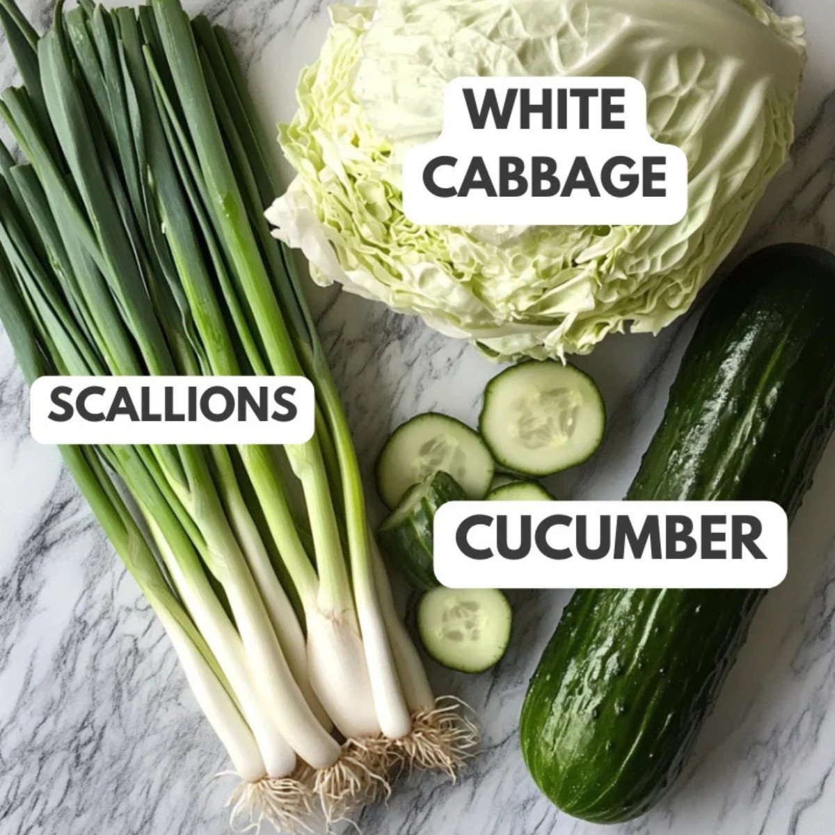 Scallions, cucumber and white cabbage.