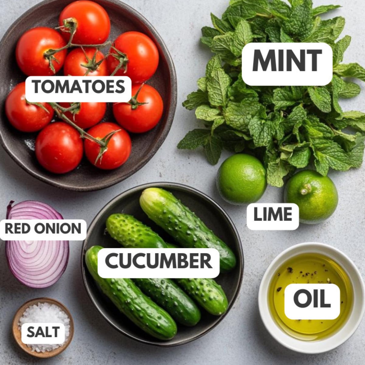 Tomatoes, mint, red onion, cucmber, lime, salt and oil.