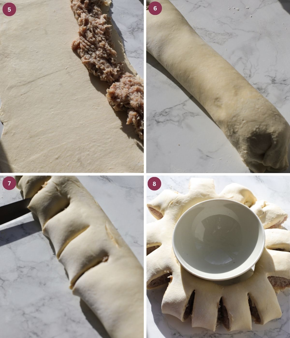 Pastry filled with sausage and cut.