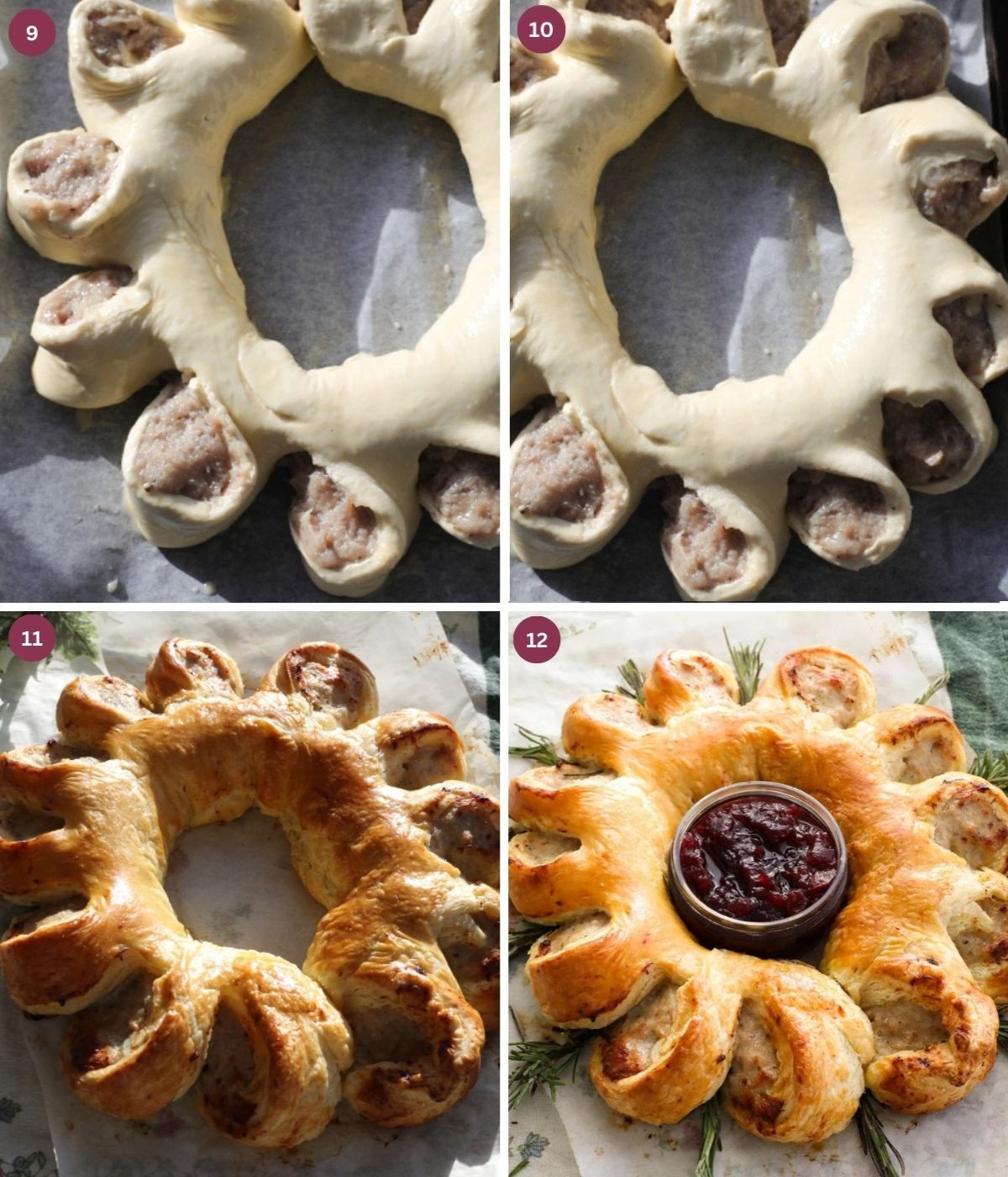 Sausage pastry basted with egg wash baked until golden with sauce in the middle.