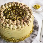 Chocolate cake frosted with pistachioganache.